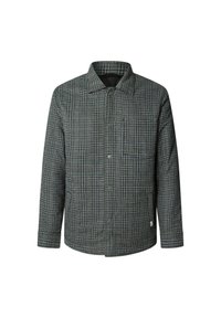 Camisa de cuadros grises con diseño de botones, mangas largas, cuello puntiagudo y un único bolsillo en el pecho con acentos azules contrastantes.