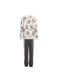 Tuta per bambini composto da una felpa color crema con grafiche di cartoni animati e pantaloni grigi con strisce bianche ai lati; materiale misto cotone.