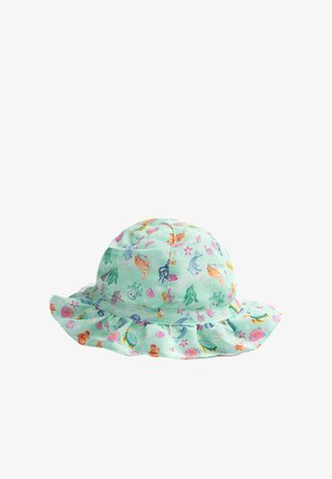 Sombrero de sol azul claro para niño pequeño con ala fruncida, decorado con coloridas criaturas marinas de dibujos animados y conchas.