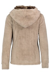 Veste en polaire beige en peluche avec manches longues et capuche attachée doublée de fourrure marron foncé, vue de dos.