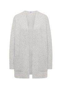 Cardigan grigio chiaro con apertura frontale, maniche lunghe e due tasche anteriori. Realizzato in un tessuto morbido e testurizzato.