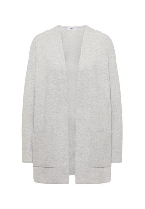 Lys grå cardigan med åben front, lange ærmer og to frontlommer. Fremstillet af et blødt, struktureret stof.