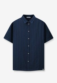 Korte mouwen overhemd met knopen in marineblauw met verticale strepen, gemaakt van lichte stof, met een kraag en vijf knopen aan de voorkant.