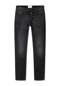 Zwarte denim jeans met een slim fit, voorzien van subtiele slijtage, een verstoord patch, en contrasterende stiksels bij de tailleband en zakken.