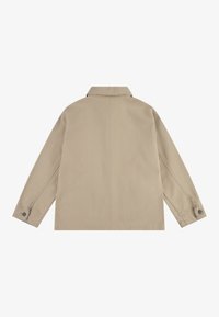 Beige, langärmlige Jacke mit Kragen, geradem Schnitt und geknöpften Manschetten. Hergestellt aus robustem Material, mit minimalistischem Design.
