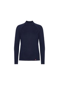 Dunkelblaues Thermo-Oberteil mit langen Ärmeln, hohem Kragen, strukturierter Textur, kontrastierenden Nähten und einem kleinen Logotag am Saum.