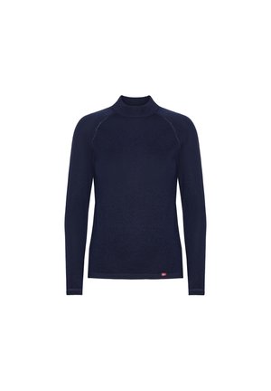 Marinblå långärmad värmetröja med hög krage, strukturerat tyg, kontrastsömmar och en liten logotypetikett vid fållen.