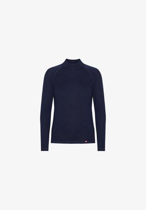 Dunkelblaues Thermo-Oberteil mit langen Ärmeln, hohem Kragen, strukturierter Textur, kontrastierenden Nähten und einem kleinen Logotag am Saum.