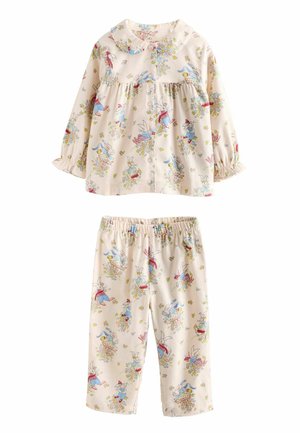 Kermanvärinen, pitkähihainen taaperoasu, jossa jänis- ja kukkakuvioita, nappikiinnitteinen yläosa ja joustava vyötärö housuissa.