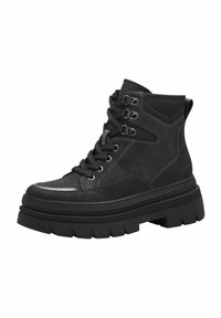Bottines noires avec une tige en daim lisse, bout rond, design à lacets, col rembourré et semelle en caoutchouc épaisse et robuste.