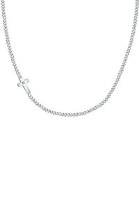 Collana in argento con un pendente a croce e una piccola pietra incastonata. La catena ha un design classico a spirale.