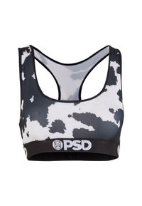 Fekete-fehér tehénmintás sportmelltartó racerback kialakítással és fekete elasztikus pánttal, fehér PSD logóval.