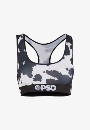 Sport-BH mit Cow-Print in Schwarz-Weiß und Racerback-Design, ausgestattet mit einem schwarzen elastischen Band, das das weiße PSD-Logo zeigt.