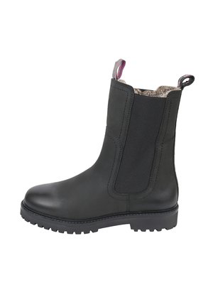 Czarny skórzany botek za kostkę z grubą, protektorową podeszwą, elastycznym bokiem, uchwytami do ściągania i futrzaną wyściółką wewnątrz.