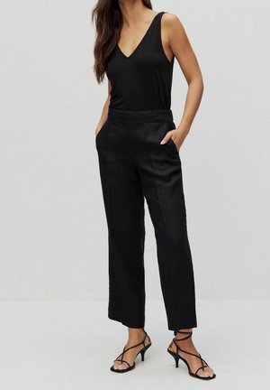 Mujer con top negro sin mangas con escote en V, pantalones negros de pierna ancha y talle alto, y sandalias negras de tacón con tiras.