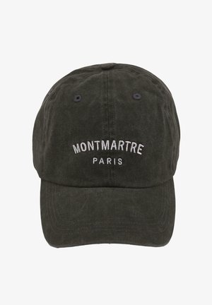 Dunkelgrüner Baumwollcap mit gesticktem "MONTMARTRE" und "PARIS" in Weiß. Klassische Baseballhutform mit gebogenem Schirm und genähten Details.
