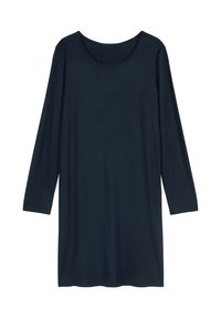 Abito tunica a maniche lunghe di colore blu navy, realizzato in un materiale morbido, con scollatura a girocollo e vestibilità rilassata, caratterizzato da linee semplici e pulite.