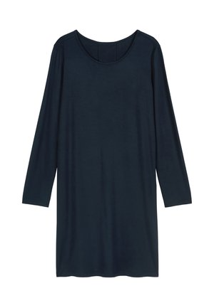 Abito tunica a maniche lunghe di colore blu navy, realizzato in un materiale morbido, con scollatura a girocollo e vestibilità rilassata, caratterizzato da linee semplici e pulite.