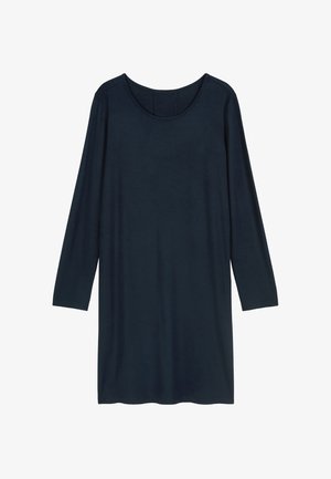 Navyblauwe tuniekjurk met lange mouwen, gemaakt van zacht materiaal, met een ronde halslijn en een ontspannen pasvorm, voorzien van eenvoudige, heldere lijnen.