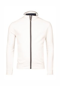 Witte ritsjack met hoge kraag, contrasterende donkere rits en getailleerd ontwerp; gemaakt van een gladde stof met lange mouwen.