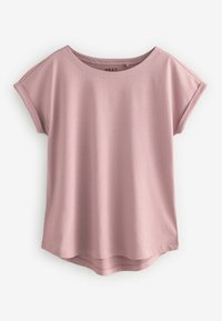 Helles rosa T-Shirt mit kurzen Ärmeln und Rundhalsausschnitt, aus glattem Material gefertigt, mit einem lässigen Schnitt und einem abgerundeten, leicht längeren Rückensaum.