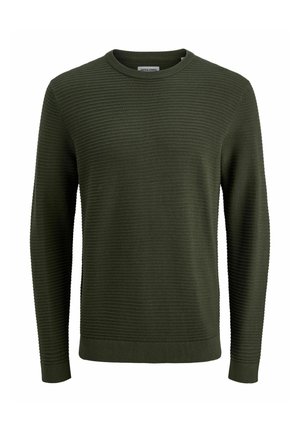 Olivinė megztinis, pagamintas iš tekstūruoto mezgimo audinio, su apvalia iškirpte ir šonkaulinėmis rankovėmis, su subtiliu horizontaliu raštu visame megztinio paviršiuje.