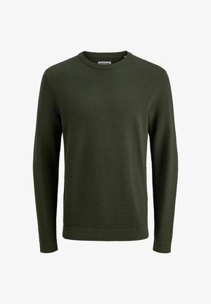 Olivinė megztinis, pagamintas iš tekstūruoto mezgimo audinio, su apvalia iškirpte ir šonkaulinėmis rankovėmis, su subtiliu horizontaliu raštu visame megztinio paviršiuje.