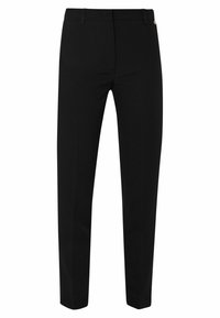 Pantaloni neri sartoriali con una texture liscia, caratterizzati da una vestibilità slim, una chiusura discreta e dettagli di cucitura sottili lungo le cuciture.