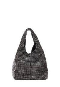 Schwarze und silberne Perlenhandtasche mit einer lässigen Form und einem großen, geschwungenen Henkel. Strukturiert mit einem Rautenmuster aus Perlen.