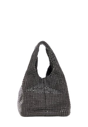 Borsa nera e argento con una forma morbida e un manico curvo e grande. Superficie texturizzata con un motivo a griglia di perline.