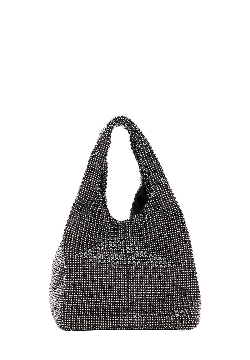Schwarze und silberne Perlenhandtasche mit einer lässigen Form und einem großen, geschwungenen Henkel. Strukturiert mit einem Rautenmuster aus Perlen.