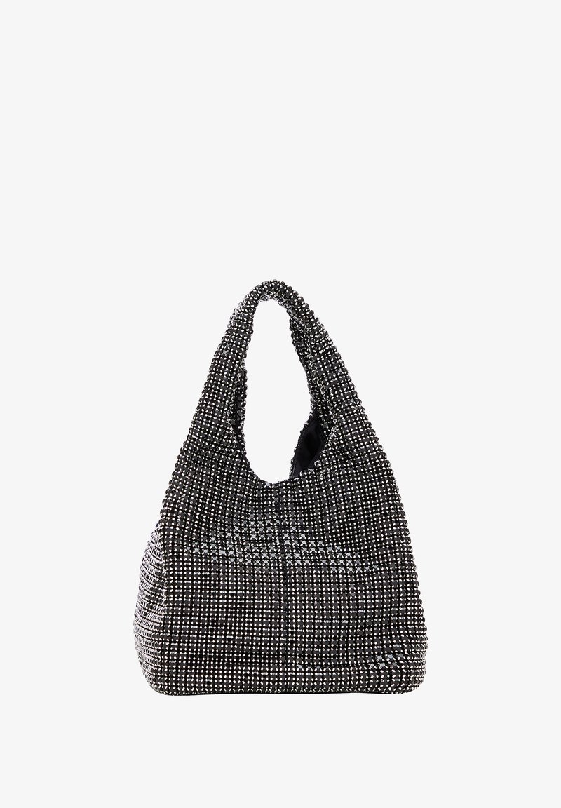 Borsa nera e argento con una forma morbida e un manico curvo e grande. Superficie texturizzata con un motivo a griglia di perline.