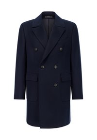 Abrigo de lana azul marino de doble botonadura con solapa en pico, dos bolsillos delanteros y seis botones negros para el cierre.