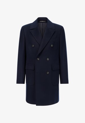 Marineblauer Woll-Doppelreiher mit einem Reverskragen, zwei Vordertaschen und sechs schwarzen Knöpfen zum Schließen.