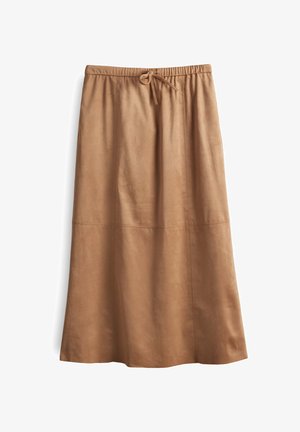 Gonna A-line color taupe realizzata in tessuto morbido, dotata di una vita elasticizzata con cordoncino regolabile e delicate cuciture decorative.