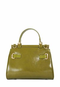 Olive green patent leather handbag with dual top handles, gold hardware accents, and rectangular shape; features decorative side straps.