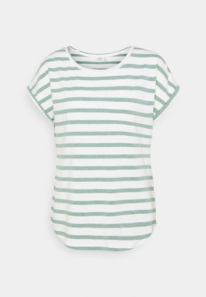 T-shirt a righe con strisce orizzontali verdi e bianche, collo rotondo, maniche corte e una vestibilità morbida con orlo curvo. Realizzato in tessuto morbido.