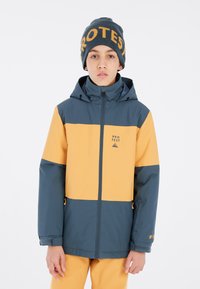 Blaue und orangefarbene Colour-Blocked-Jacke mit Kapuze, ausgestattet mit einem Frontreißverschluss, verstellbaren Bündchen und Logodetail. Kombiniert mit passenden Hosen.