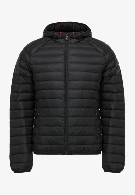 Giacca a vento nera con cappuccio, caratterizzata da un design trapuntato, chiusura con zip e tasche laterali. Realizzata in materiale leggero e isolante.