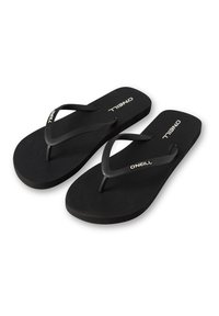 Schwarze Flip-Flops mit Gummisohlen und kontrastierenden Riemen. Merkmale des Markennamens "O'Neill" in Weiß auf dem Fußbett. Schlichtes, flaches Design.