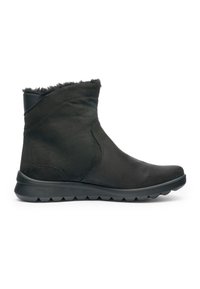 Stivale alla caviglia in suede nero con fodera in pelliccia e suola in gomma testurizzata, progettato per l'uso invernale.