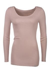 Langsleeve top in zachte roze stof met een ronde hals. Heeft een getailleerd ontwerp en een gladde textuur. Kleine label aan de onderrand.