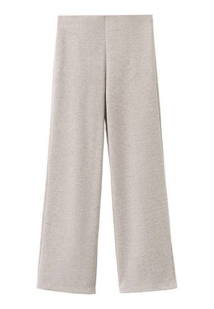 Svetlo sive široke hlače iz mehke tkanine. Imajo gladko teksturo in preprost, neopremljen dizajn brez žepov ali kovinskih dodatkov.
