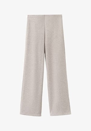 Svetlo sive široke hlače iz mehke tkanine. Imajo gladko teksturo in preprost, neopremljen dizajn brez žepov ali kovinskih dodatkov.