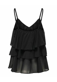 Haut caraco noir en chiffon superposé sans manches avec bretelles fines ajustables et volants en couches.