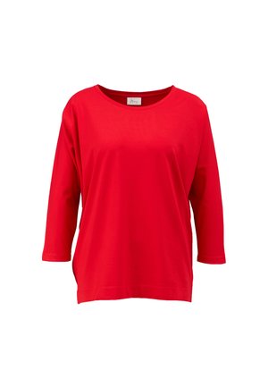 Hellrotes Langarmshirt mit rundem Ausschnitt und lockerem Sitz, auf einem schlichten weißen Hintergrund dargestellt.