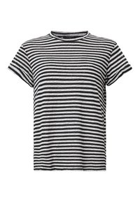 T-shirt à manches courtes à rayures noires et blanches avec un col rond, présentant une coupe décontractée et une texture de tissu doux. Aucun accent supplémentaire visible.