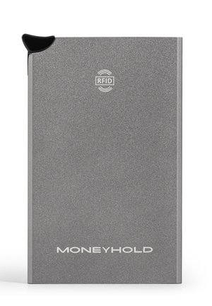 Cartera delgada de metal gris con bloqueo RFID, con una pestaña negra para tirar y la palabra "MONEYHOLD" impresa en el frente.