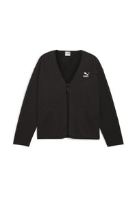 Cardigan in pile nero con zip e scollo a V, due tasche frontali e logo Puma bianco sul petto. Caratterizzato da maniche lunghe e una vestibilità rilassata.