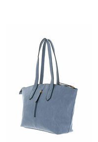 Sac cabas en cuir bleu clair avec deux poignées, doté d'une finition texturée et d'une poche zippée à l'avant. Accents en métal doré.